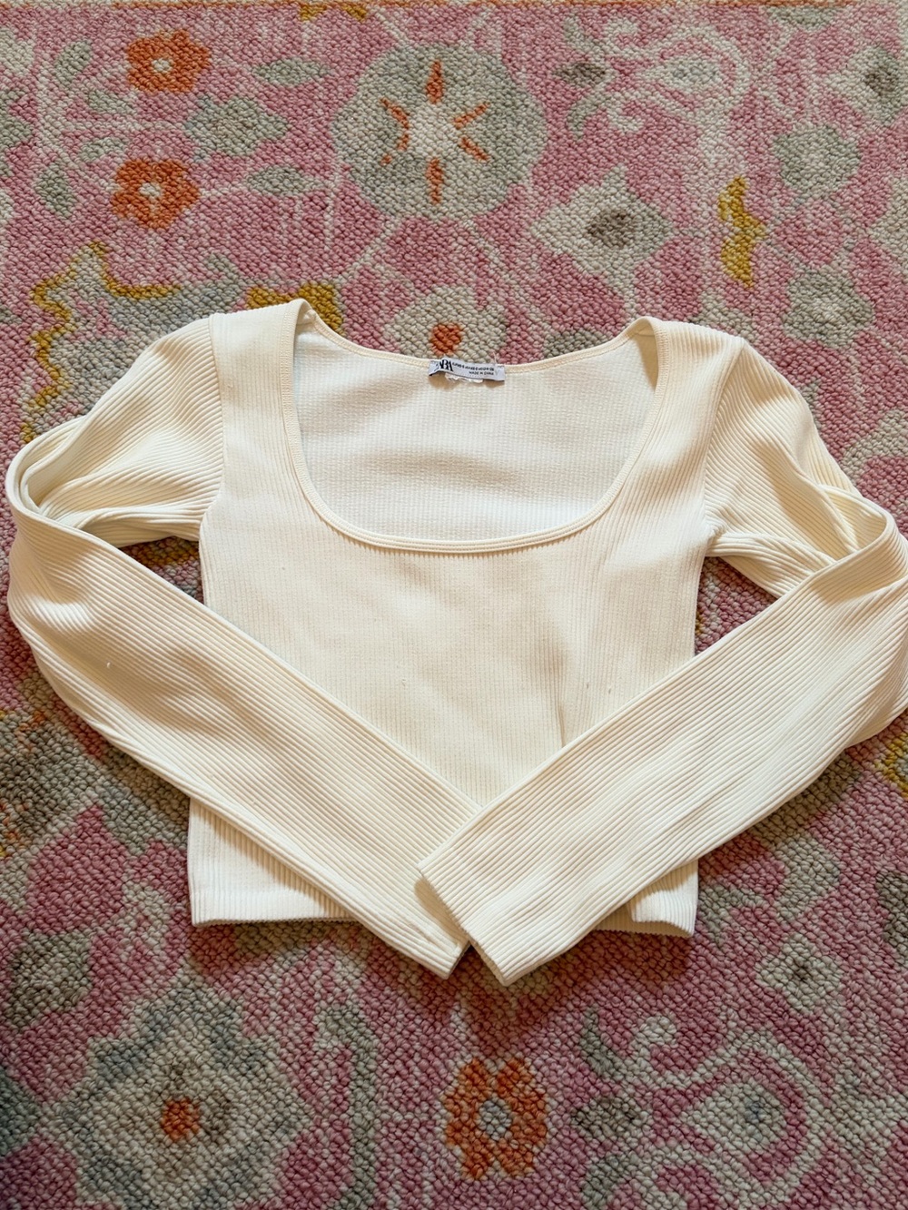 Zara Ribbed Scoop Neck Long-Sleeve Top - Cream